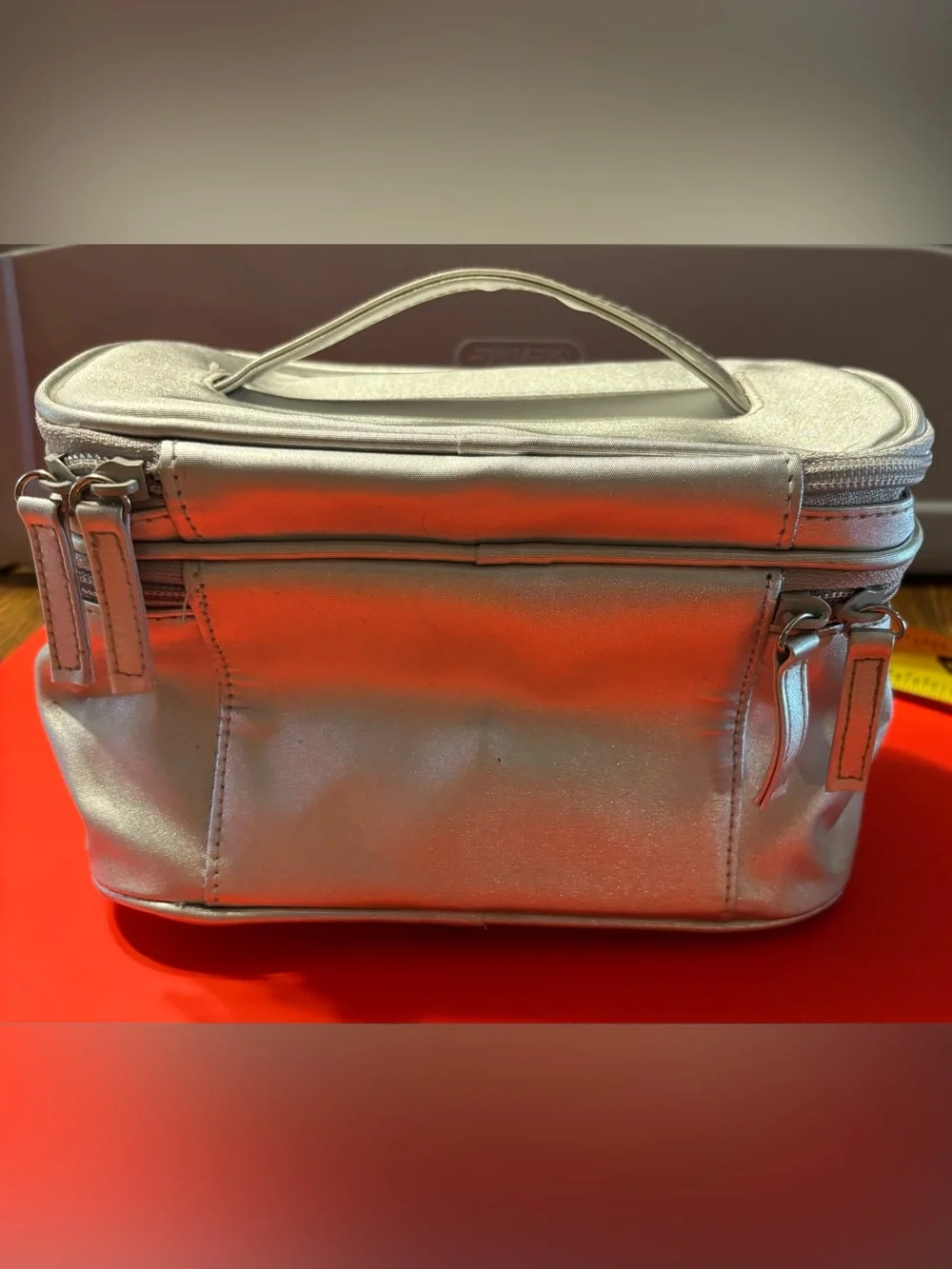Silver Metallic Travel Cosmetic Bag with Top Handle